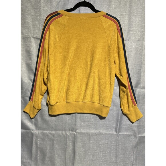 Evereve Yellow Terry Cloth Pullover Sweatshirt Striped Sleeve S rainbow 70s chic - Picture 5 of 7